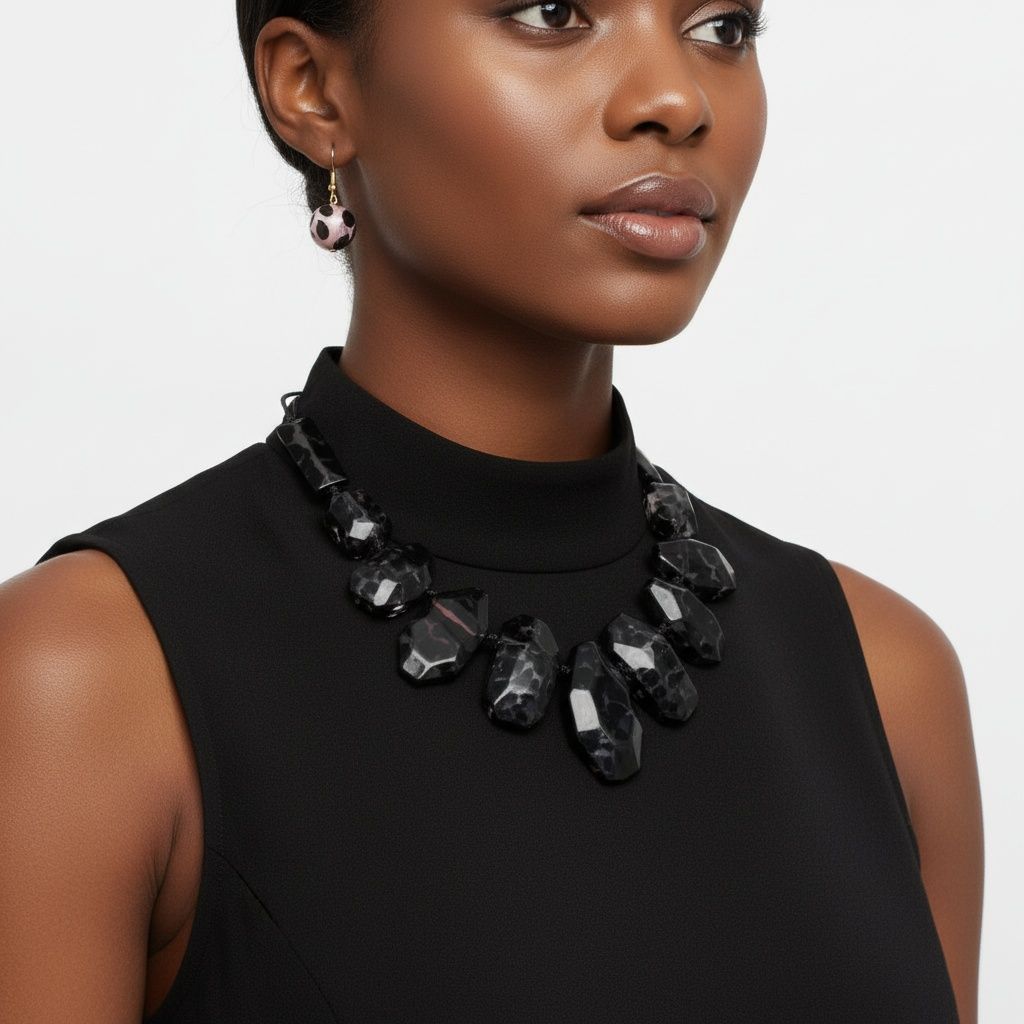 Toggle Chunky Black Leopard Bead Cord Necklace