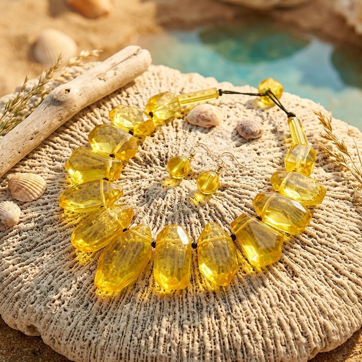 Toggle Chunky Yellow Bead Cord Tribal Necklace