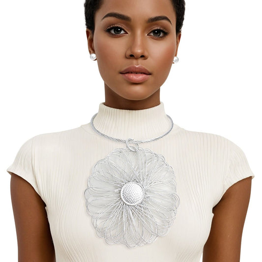 Necklace Silver Sunflower Large Pendant Set Women