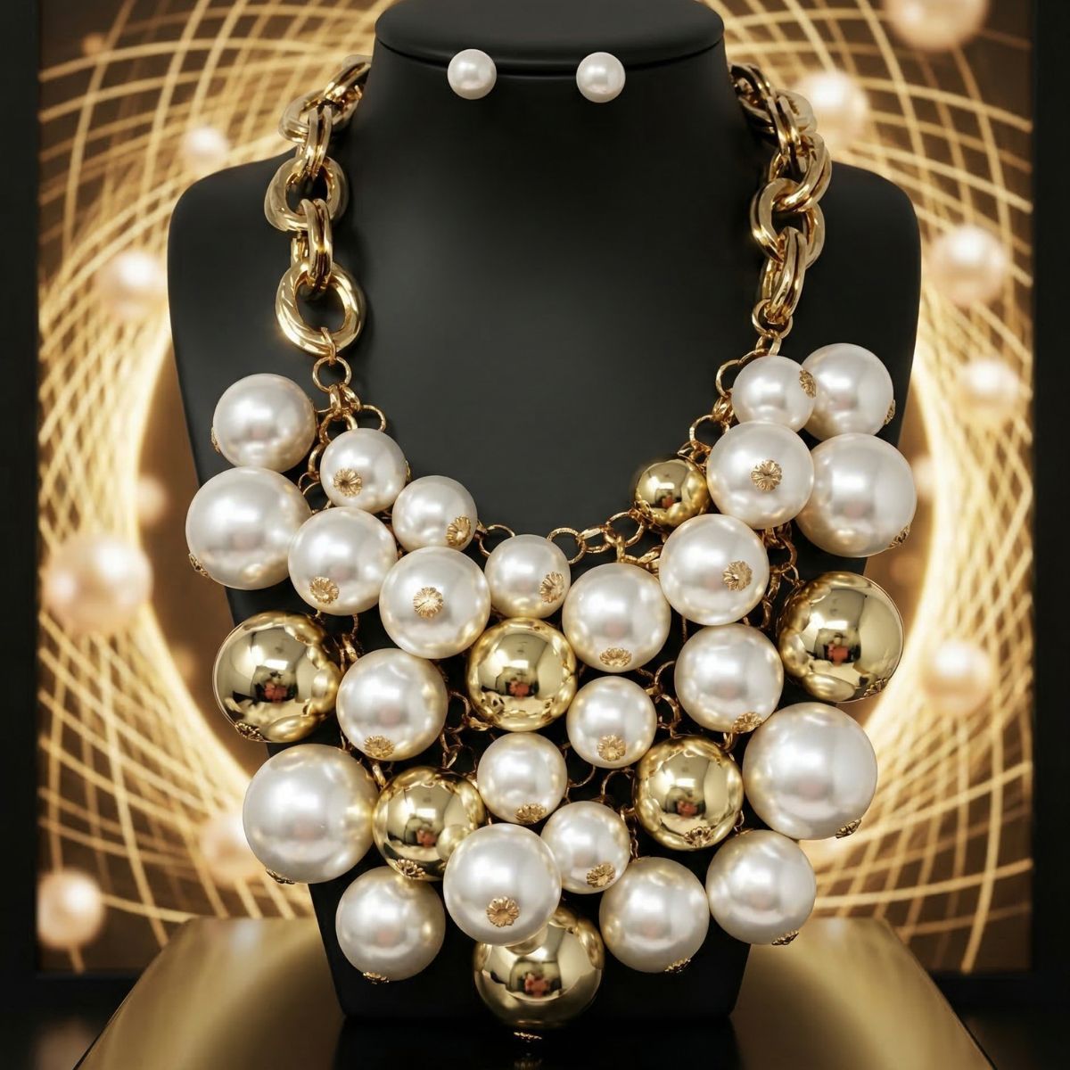 Bib Opulent Cream Pearl Gold Chainmaille Necklace