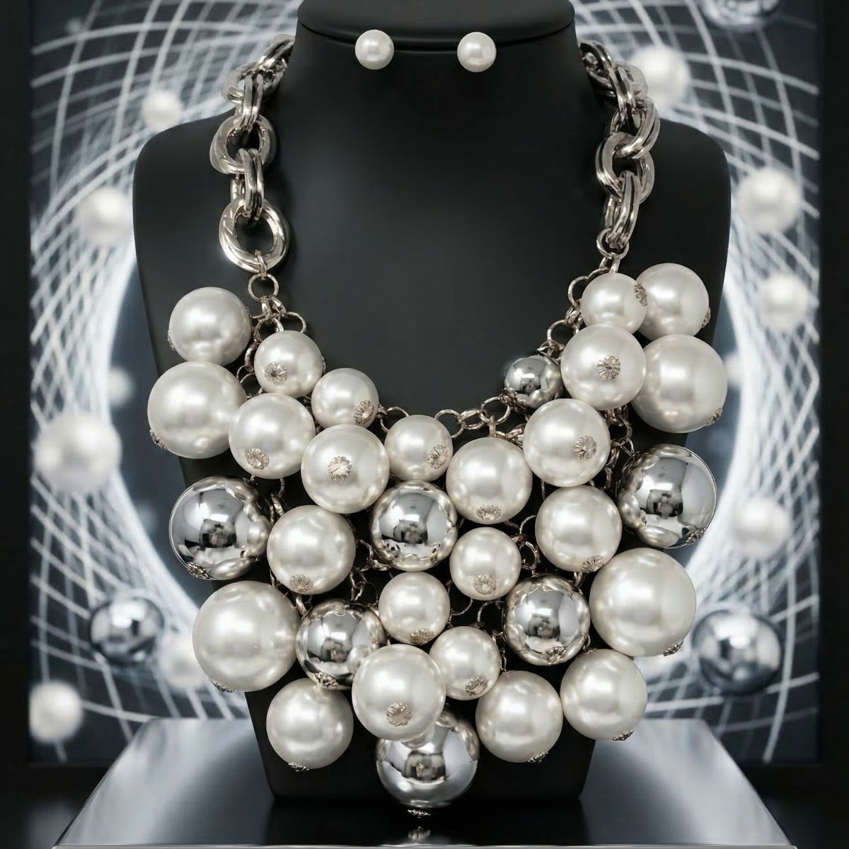 Bib Opulent White Pearl Silver Chainmaille Necklace