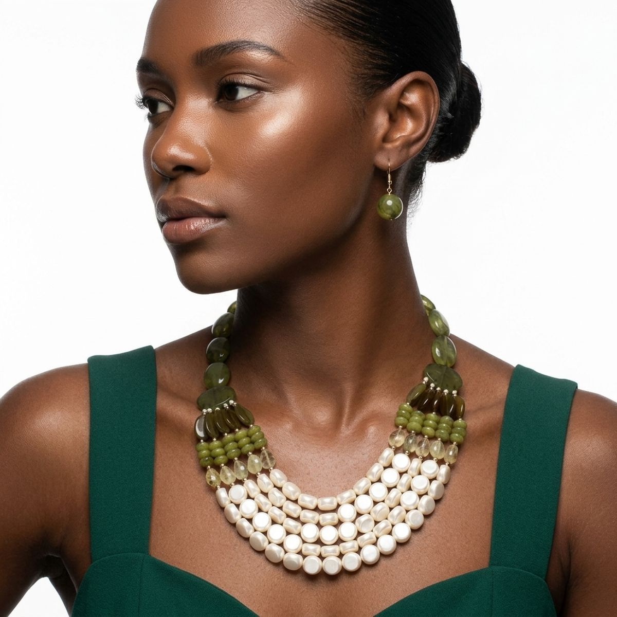 Marbled Olive & Creamy Shine Beaded Layer Necklace