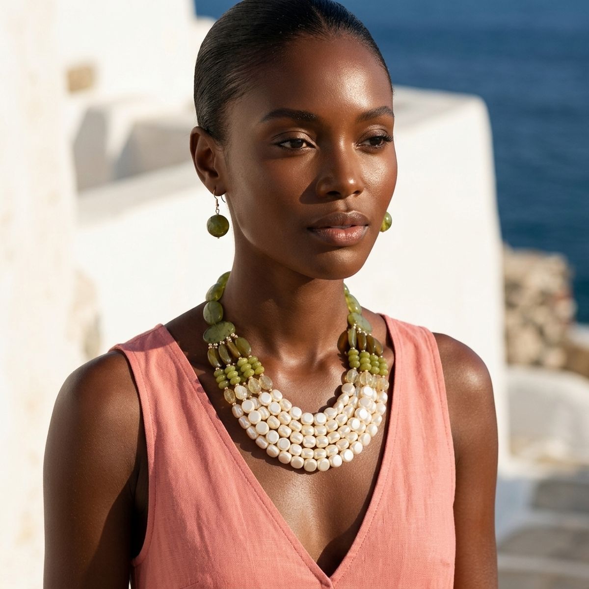 Marbled Olive & Creamy Shine Beaded Layer Necklace
