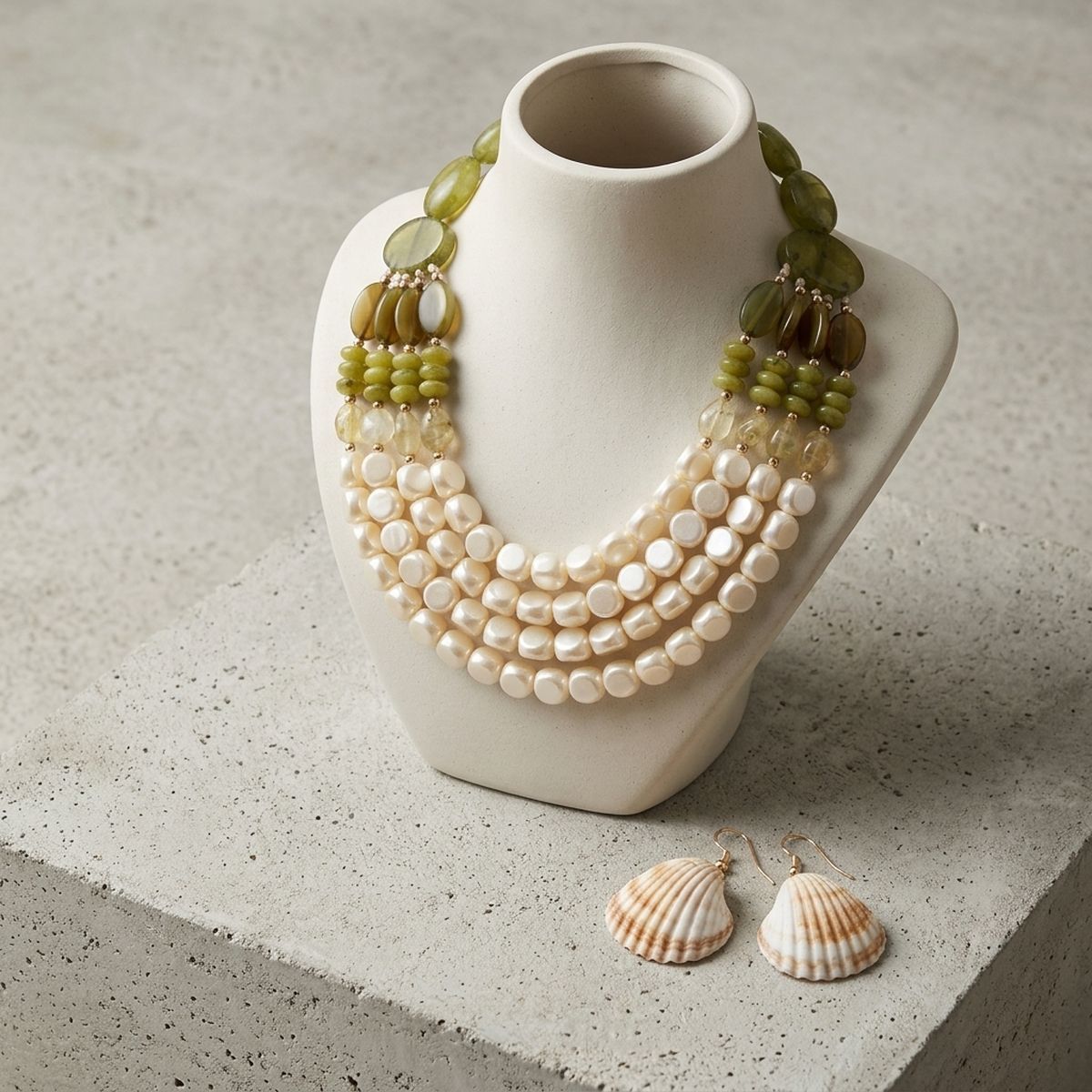 Marbled Olive & Creamy Shine Beaded Layer Necklace