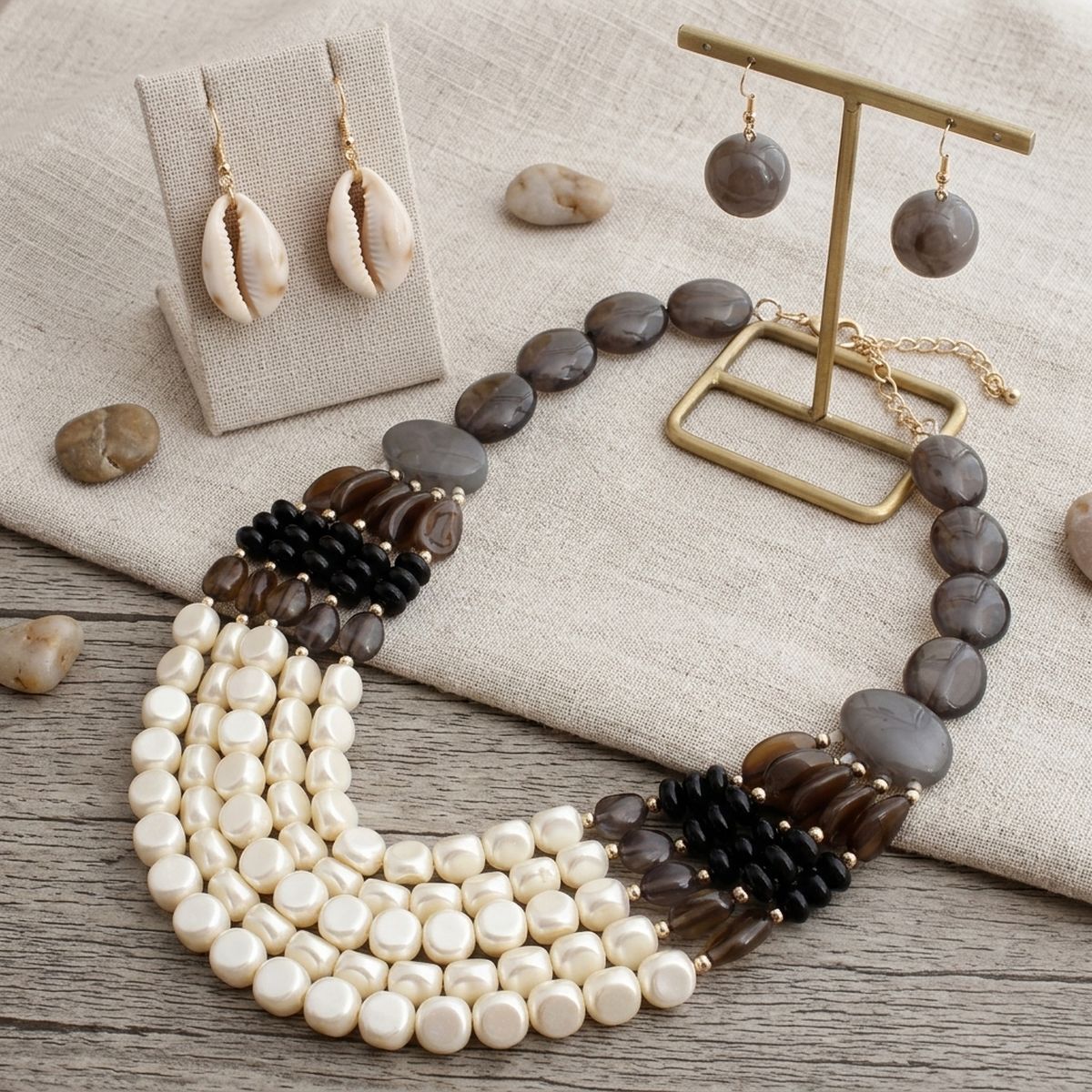 Marbled Black & Creamy Shine Beaded Layer Necklace