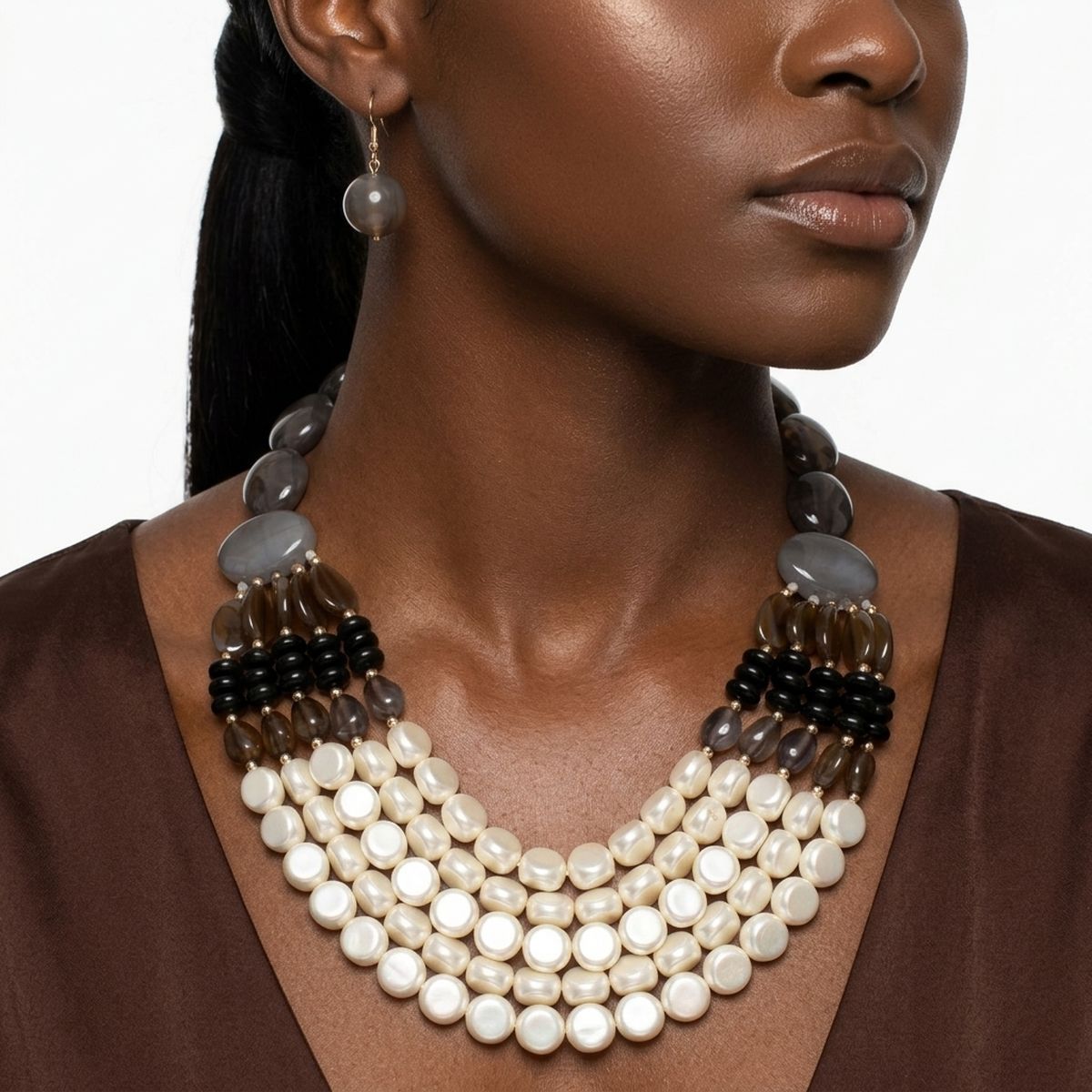 Marbled Black & Creamy Shine Beaded Layer Necklace
