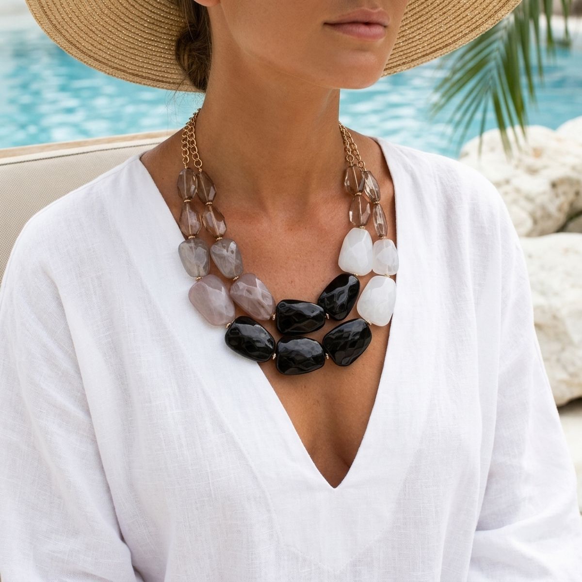 Marbled Black & White Bead Collar Layer Necklace