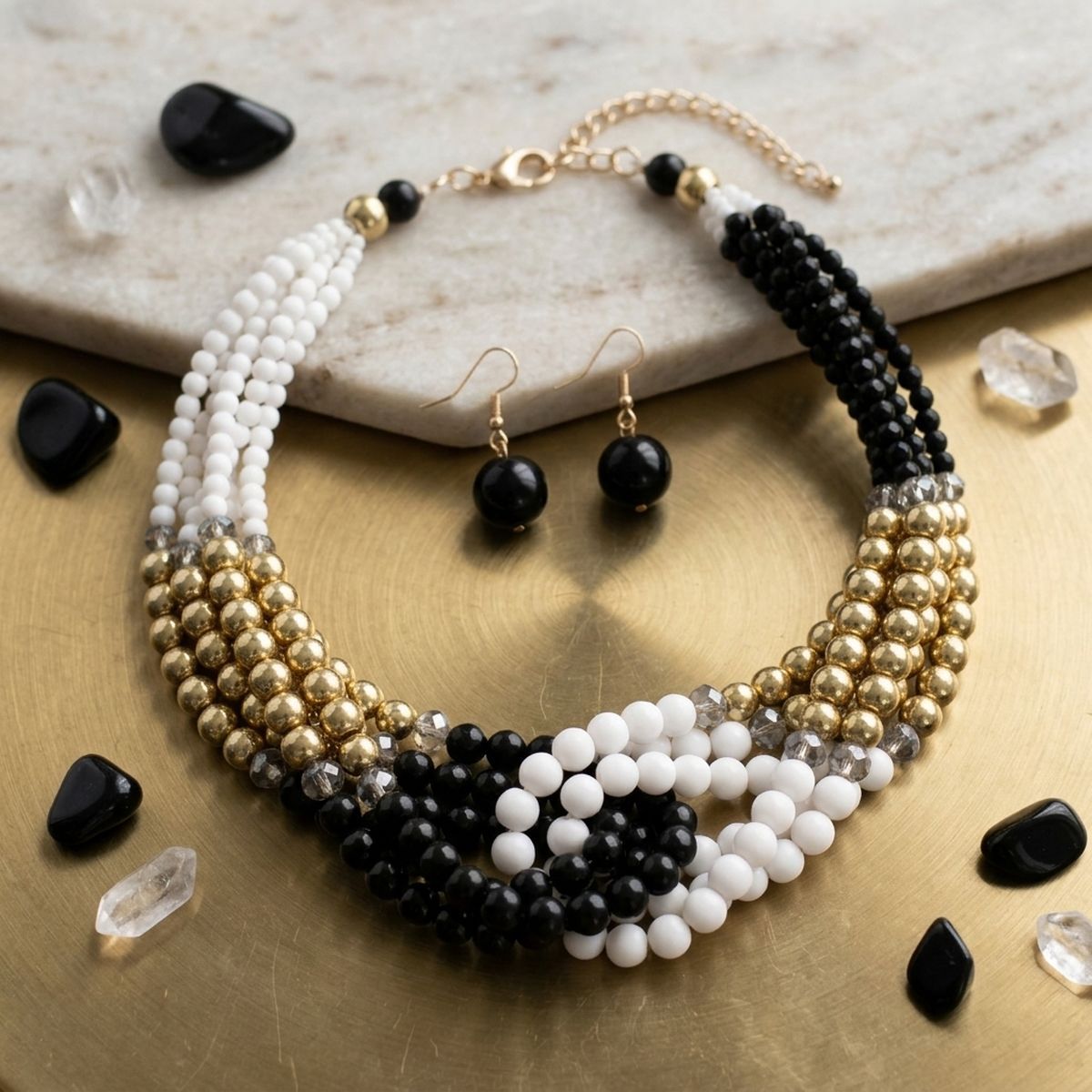 Black White Colorblock Bead Looped Layer Necklace