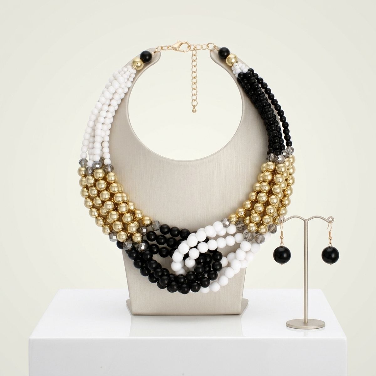Black White Colorblock Bead Looped Layer Necklace