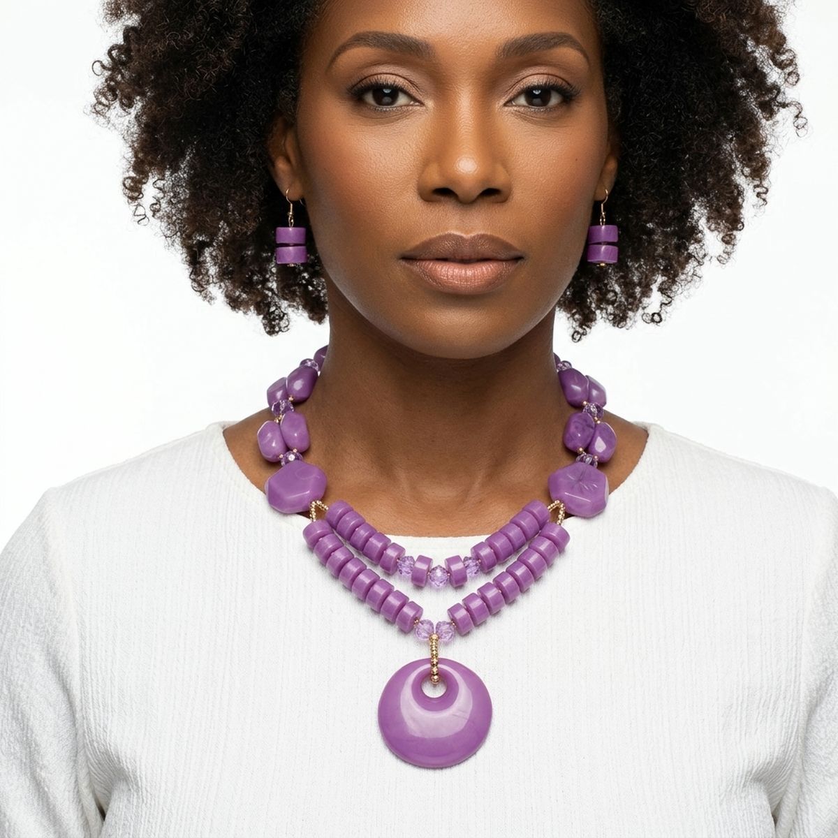 Long Bold Purple Chunky Beaded Pendant Necklace