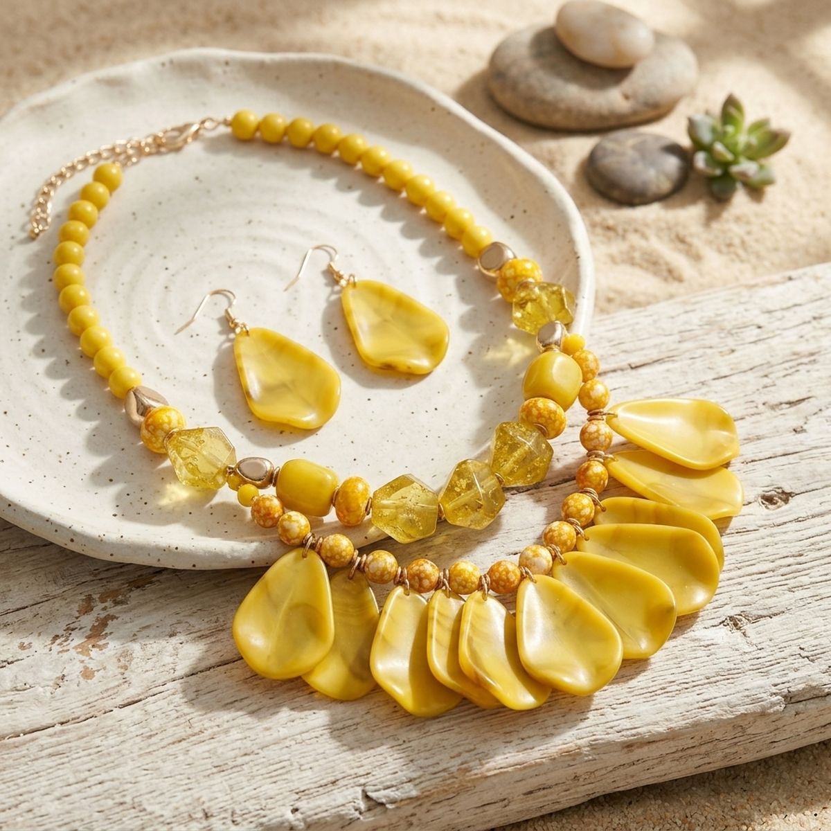 Sunny Marbled Yellow Teardrop Bead Bib Necklace
