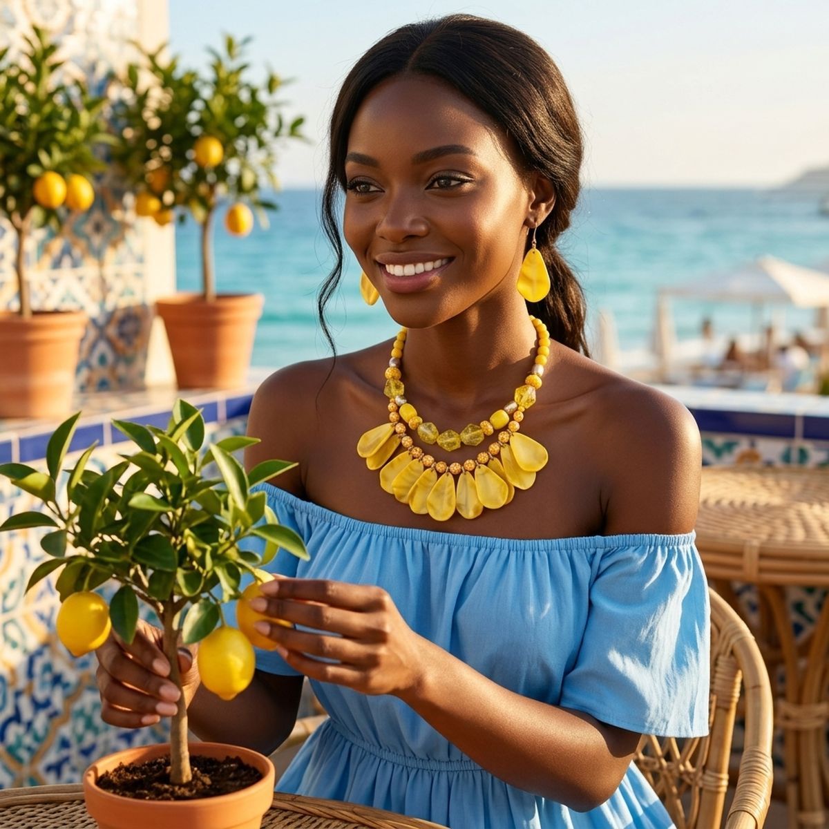 Sunny Marbled Yellow Teardrop Bead Bib Necklace