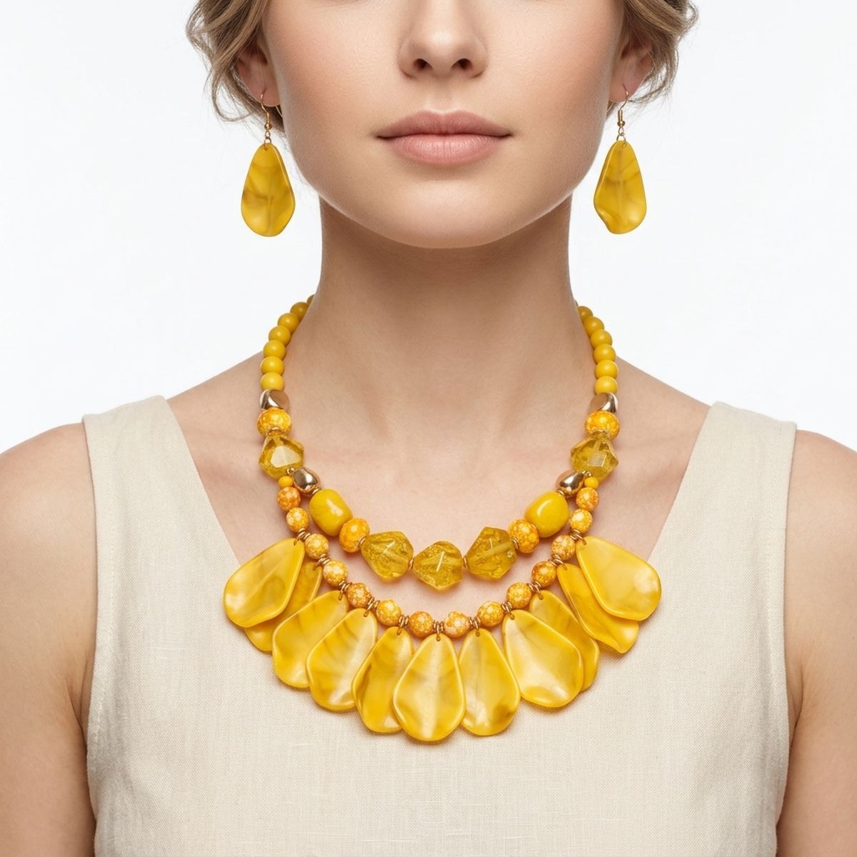 Sunny Marbled Yellow Teardrop Bead Bib Necklace