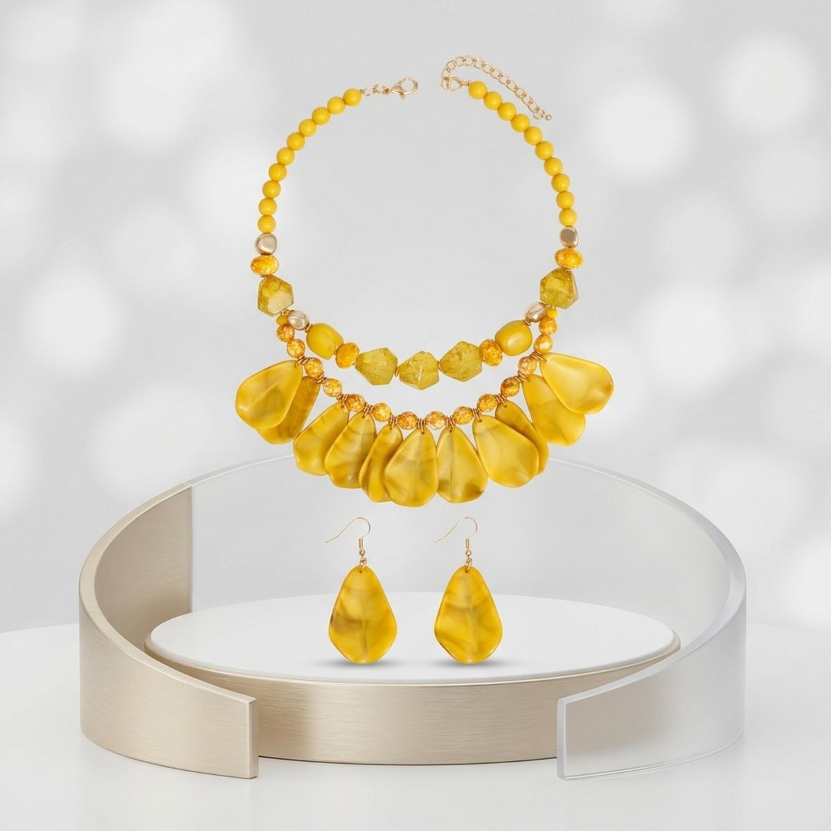 Sunny Marbled Yellow Teardrop Bead Bib Necklace