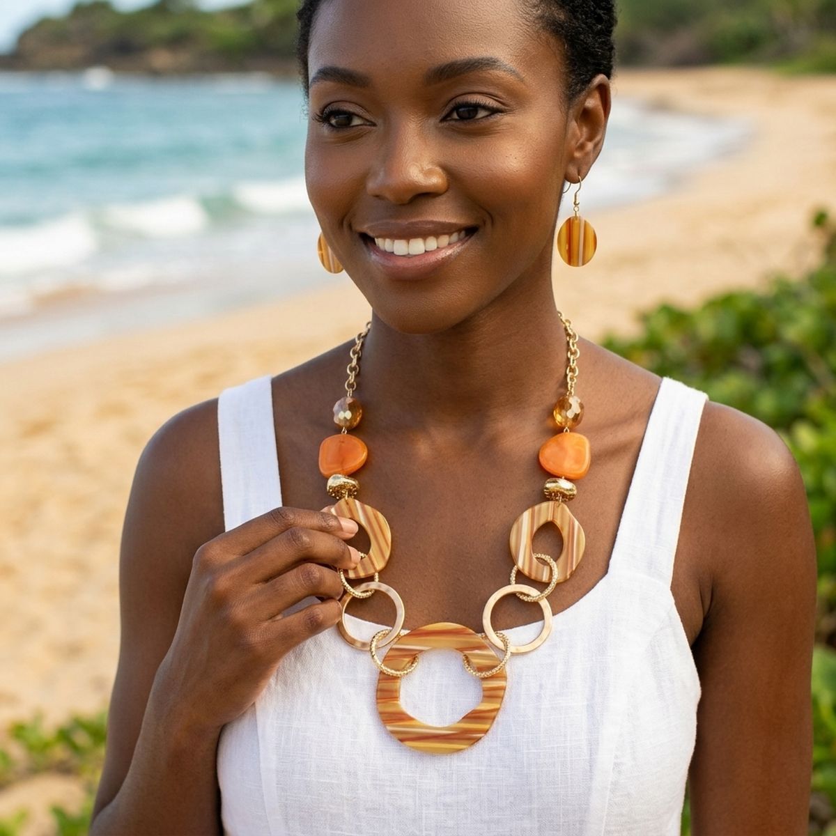 Long Orange Stripe Mixed Elements Link Necklace