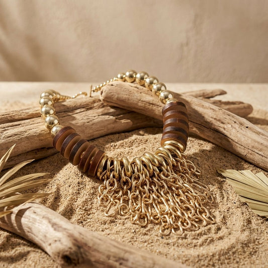 Bib Gold Chain Link Fringe and Wood Bead Necklace