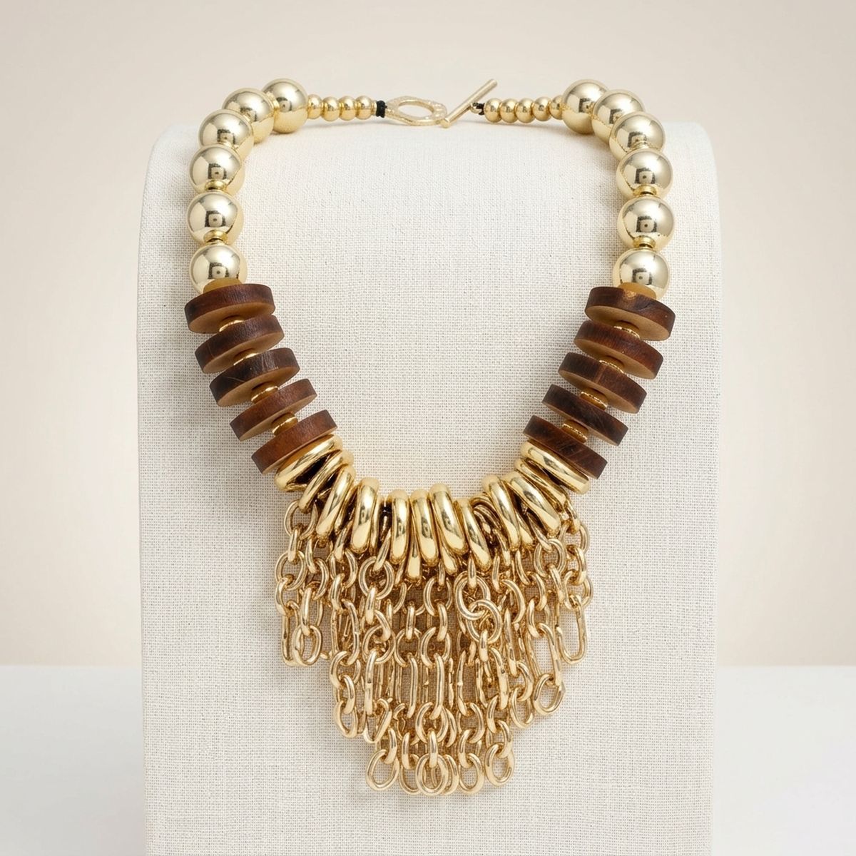Bib Gold Chain Link Fringe and Wood Bead Necklace