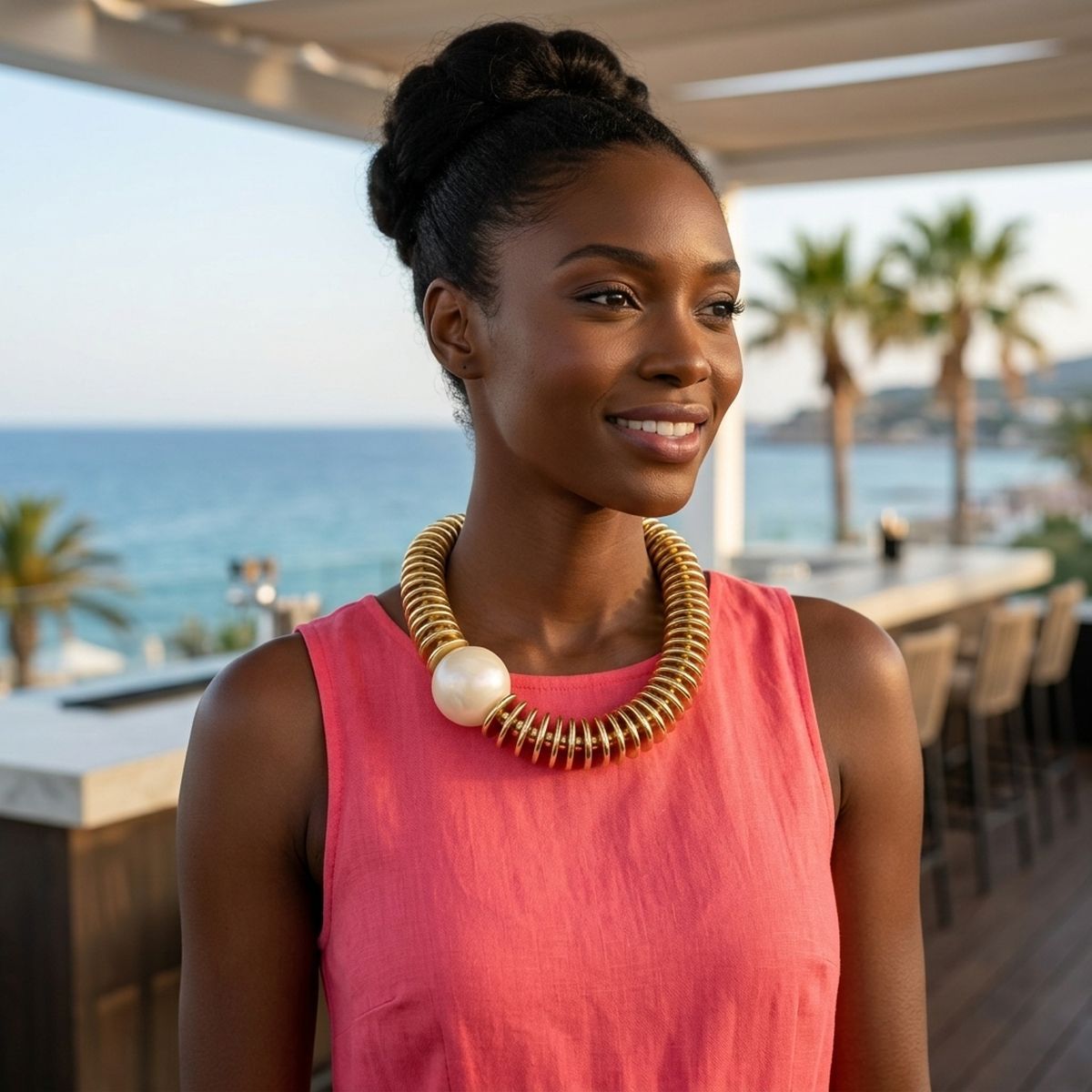 Beaded Gold Disc Iridescent Pearl Toggle Necklace