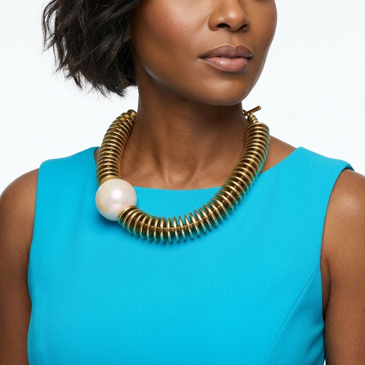 Beaded Gold Disc Iridescent Pearl Toggle Necklace