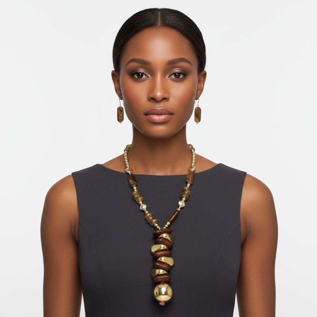 Stacked Wood Bead Marbled Brown Toggle Necklace
