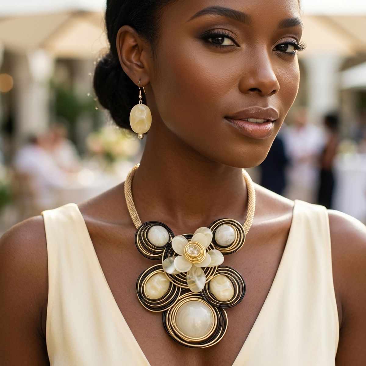 Ivory Flower Wire Wrapped Bead Bib Necklace