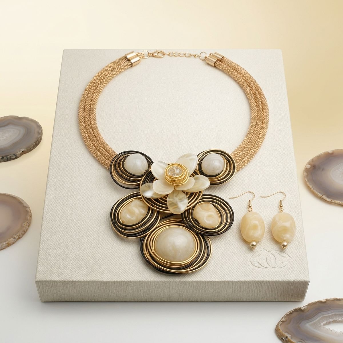 Ivory Flower Wire Wrapped Bead Bib Necklace