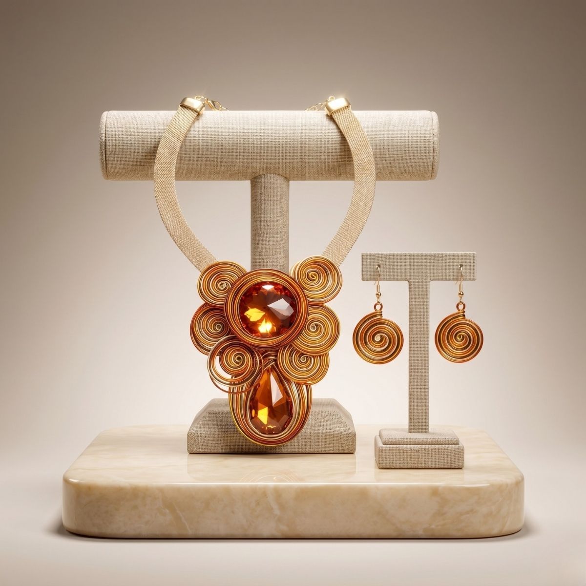 Orange Wire Wrap Teardrop Crystal Bib Necklace