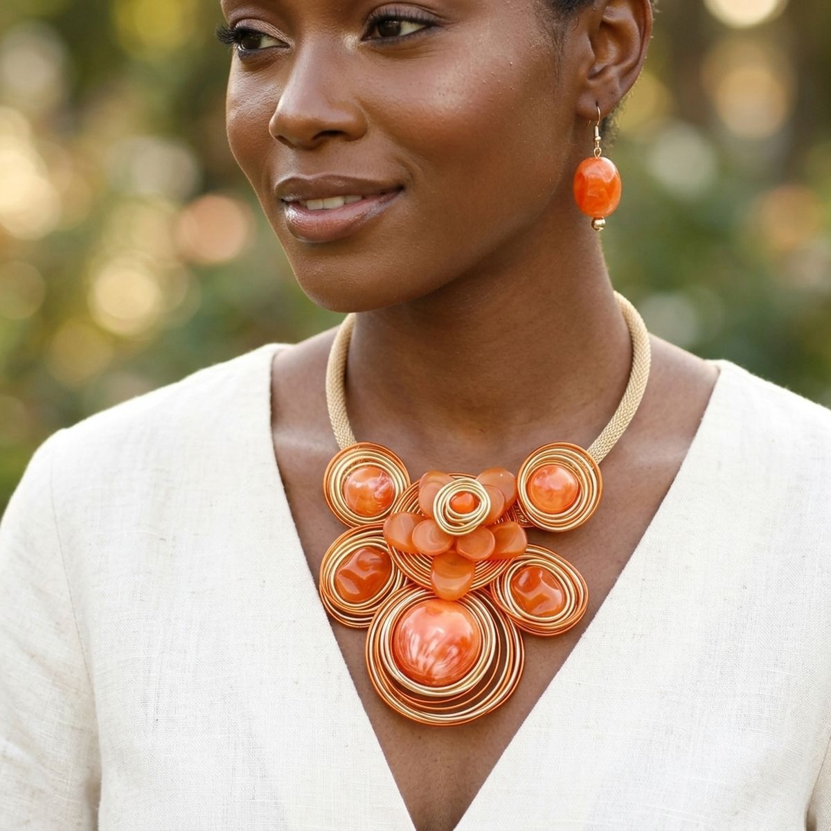 Orange Flower Wire Wrapped Bead Bib Necklace