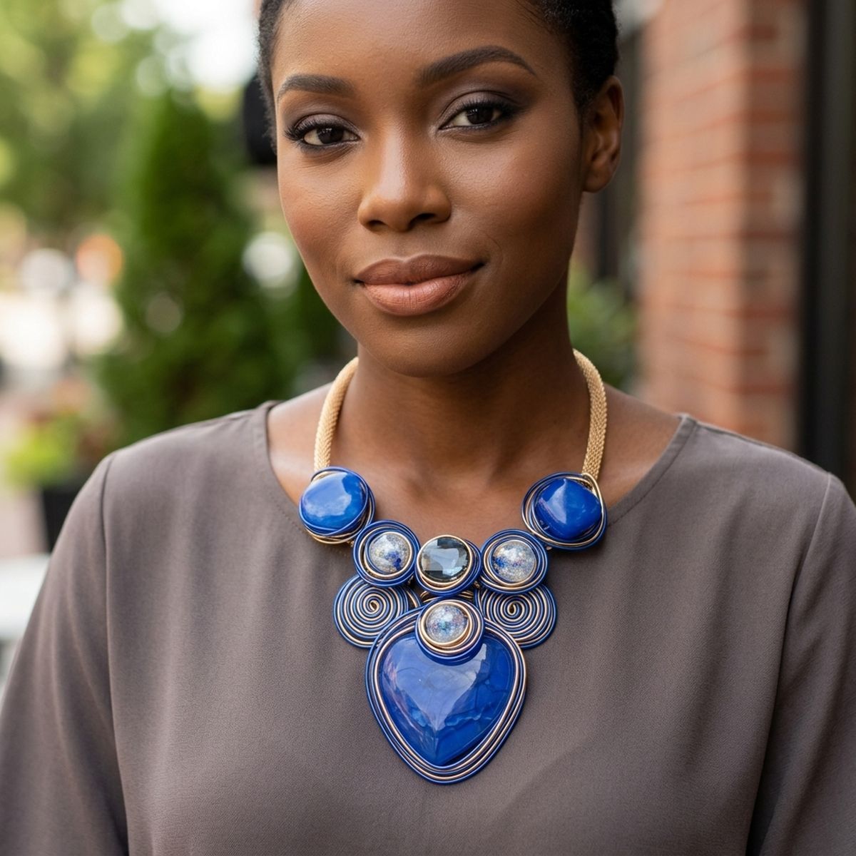 Blue Coiled Wire Heart Handmade Bib Necklace