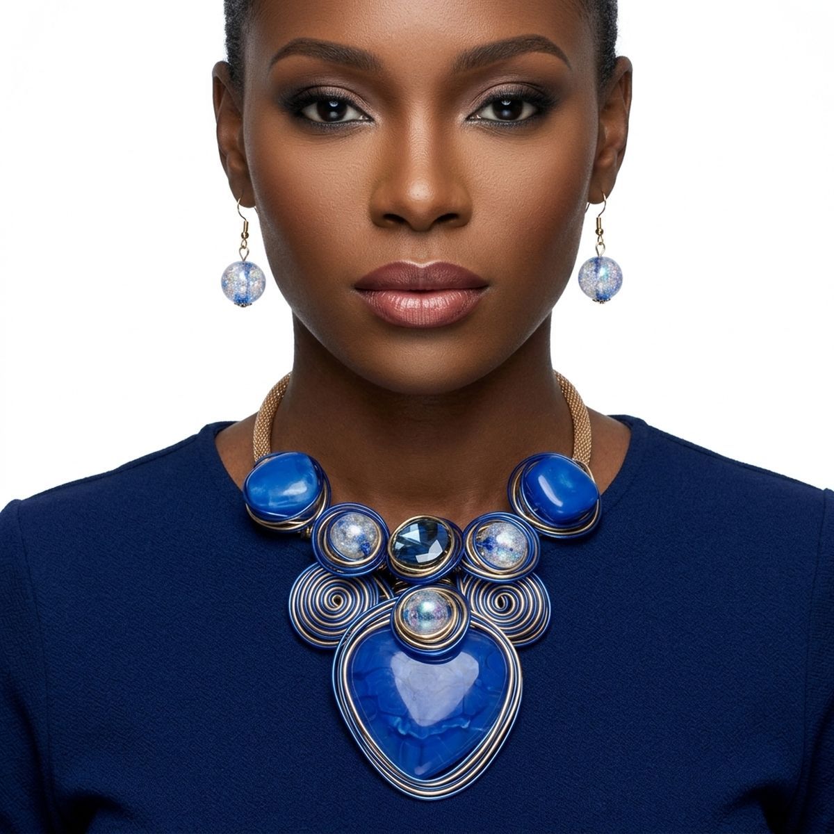 Blue Coiled Wire Heart Handmade Bib Necklace