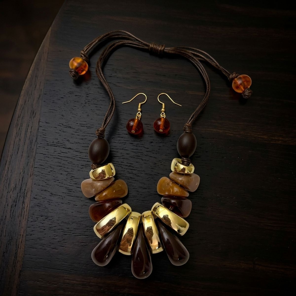 Brown & Gold Resin Teardrop Cord Tribal Necklace