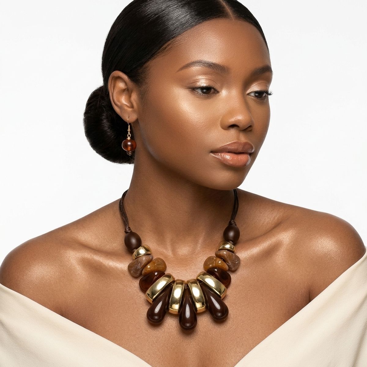 Brown & Gold Resin Teardrop Cord Tribal Necklace