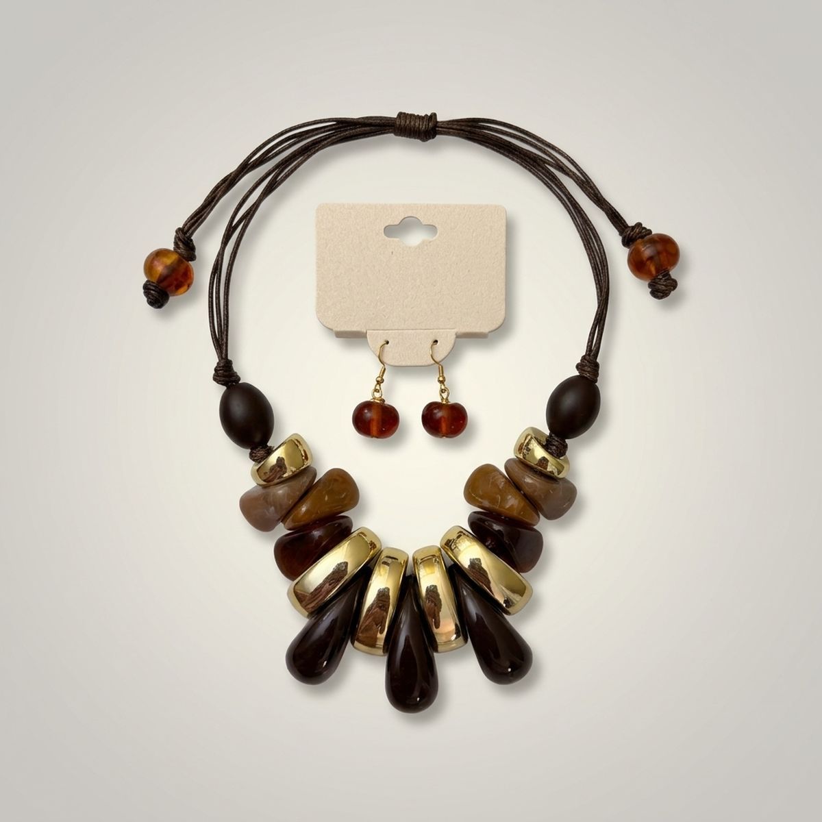 Brown & Gold Resin Teardrop Cord Tribal Necklace