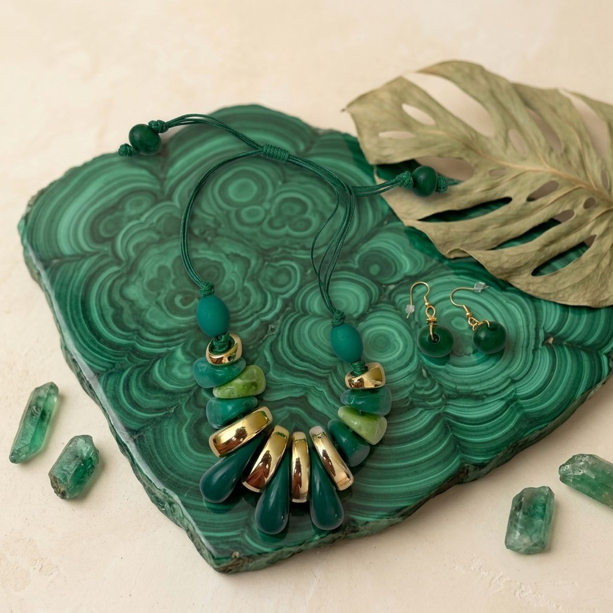Green & Gold Resin Teardrop Cord Tribal Necklace
