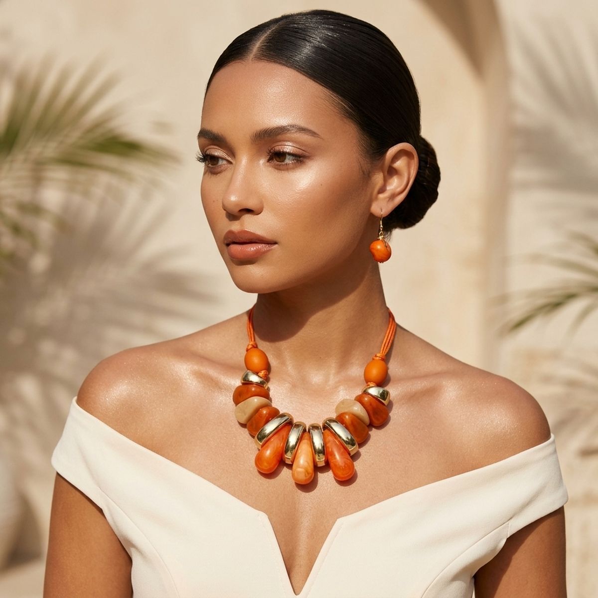 Orange & Gold Resin Teardrop Cord Tribal Necklace