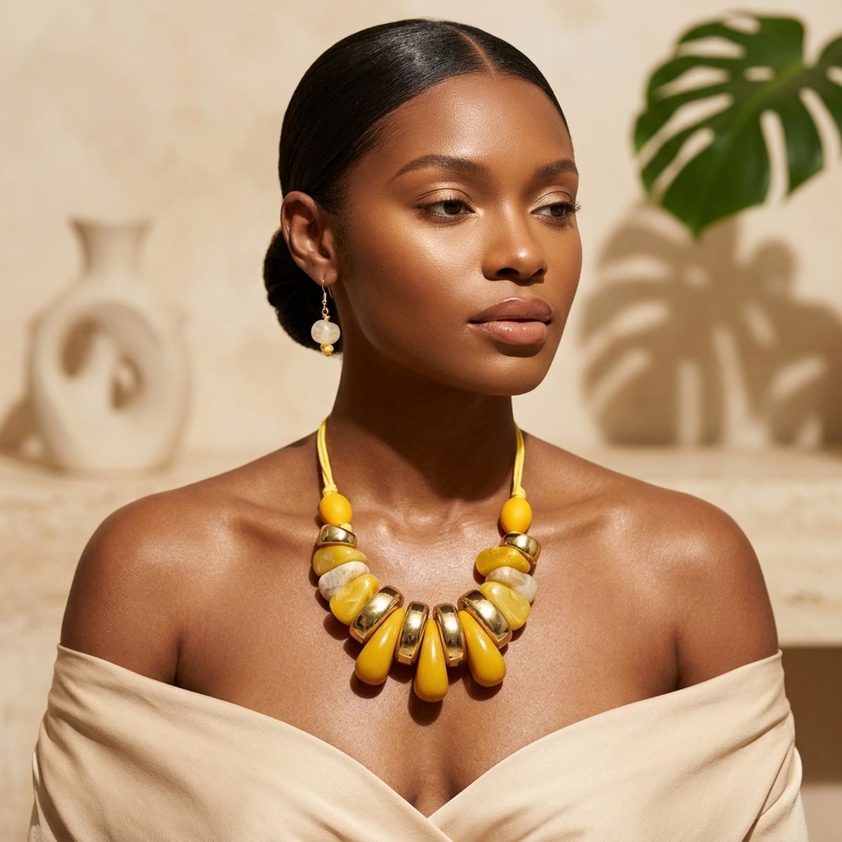 Yellow & Gold Resin Teardrop Cord Tribal Necklace