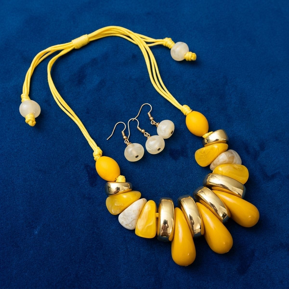 Yellow & Gold Resin Teardrop Cord Tribal Necklace