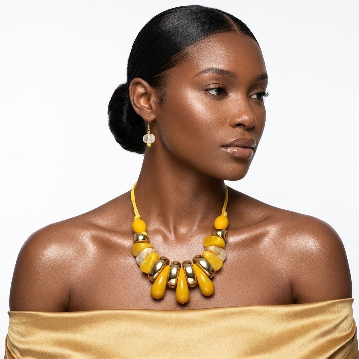 Yellow & Gold Resin Teardrop Cord Tribal Necklace