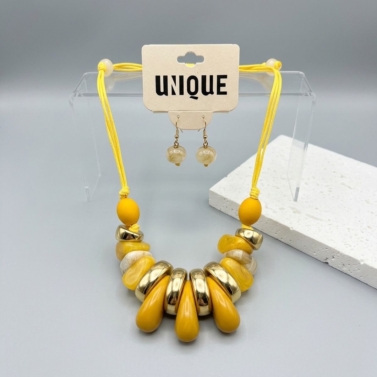 Yellow & Gold Resin Teardrop Cord Tribal Necklace