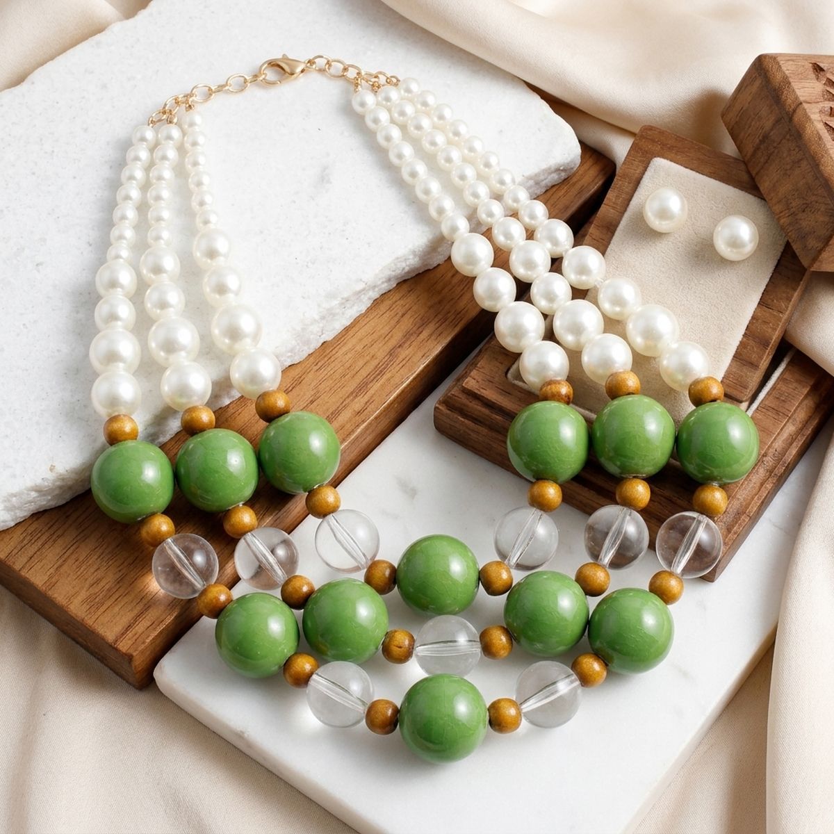 Chunky Green Glazed Bead & Pearl Layered Necklace