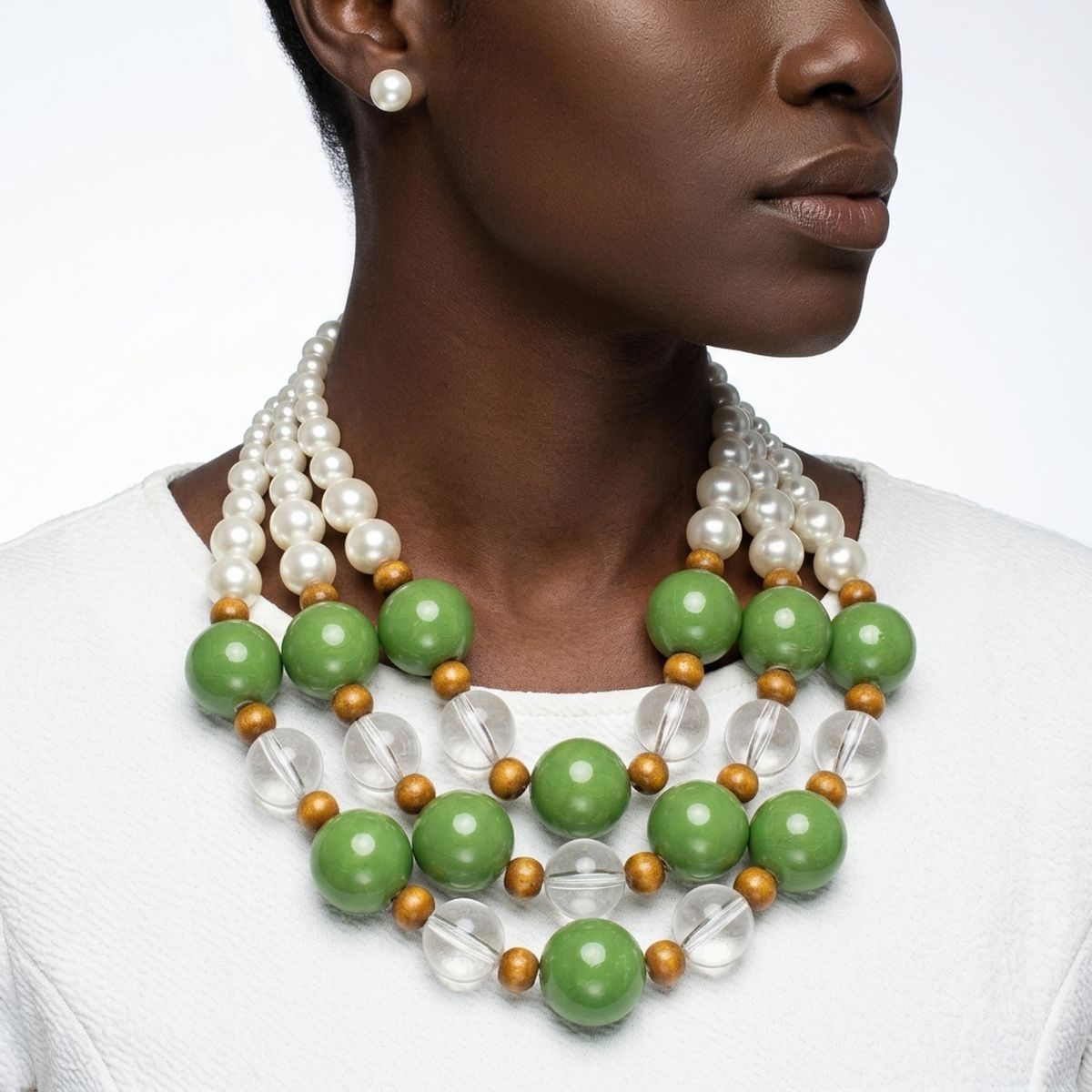 Chunky Green Glazed Bead & Pearl Layered Necklace