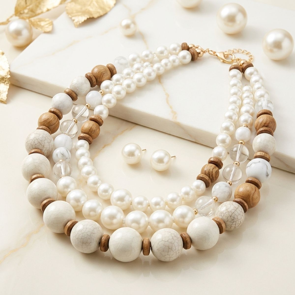 Chunky Ivory Glazed Bead & Pearl Layered Necklace