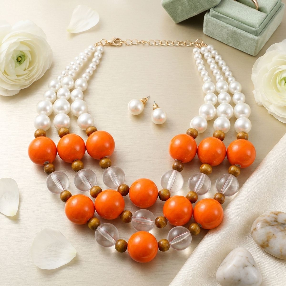 Chunky Orange Glazed Bead & Pearl Layered Necklace