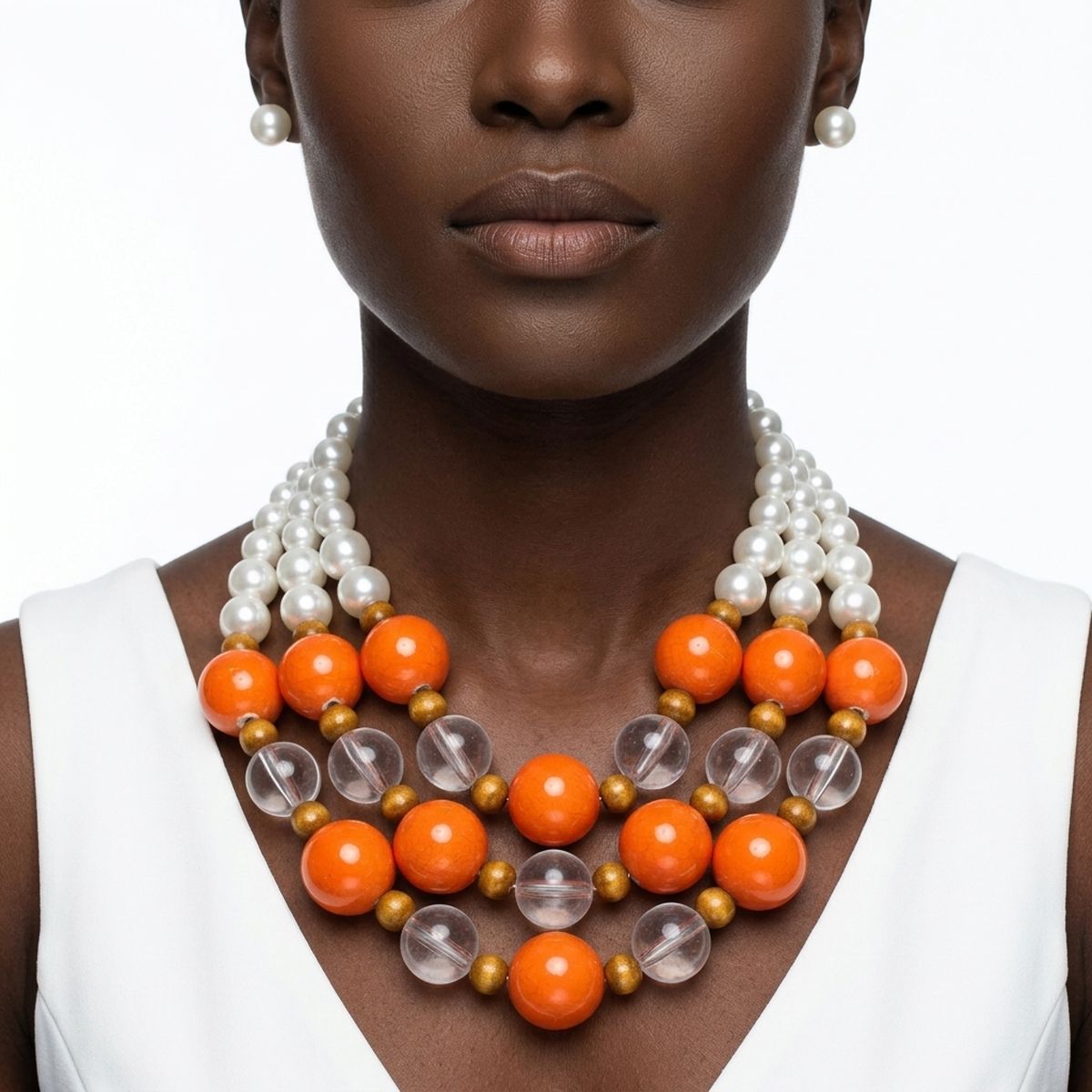 Chunky Orange Glazed Bead & Pearl Layered Necklace