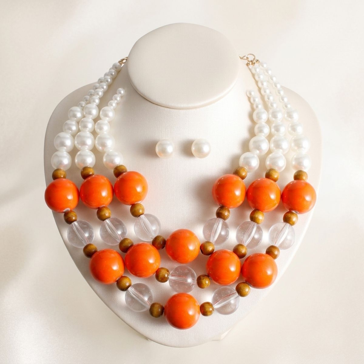 Chunky Orange Glazed Bead & Pearl Layered Necklace