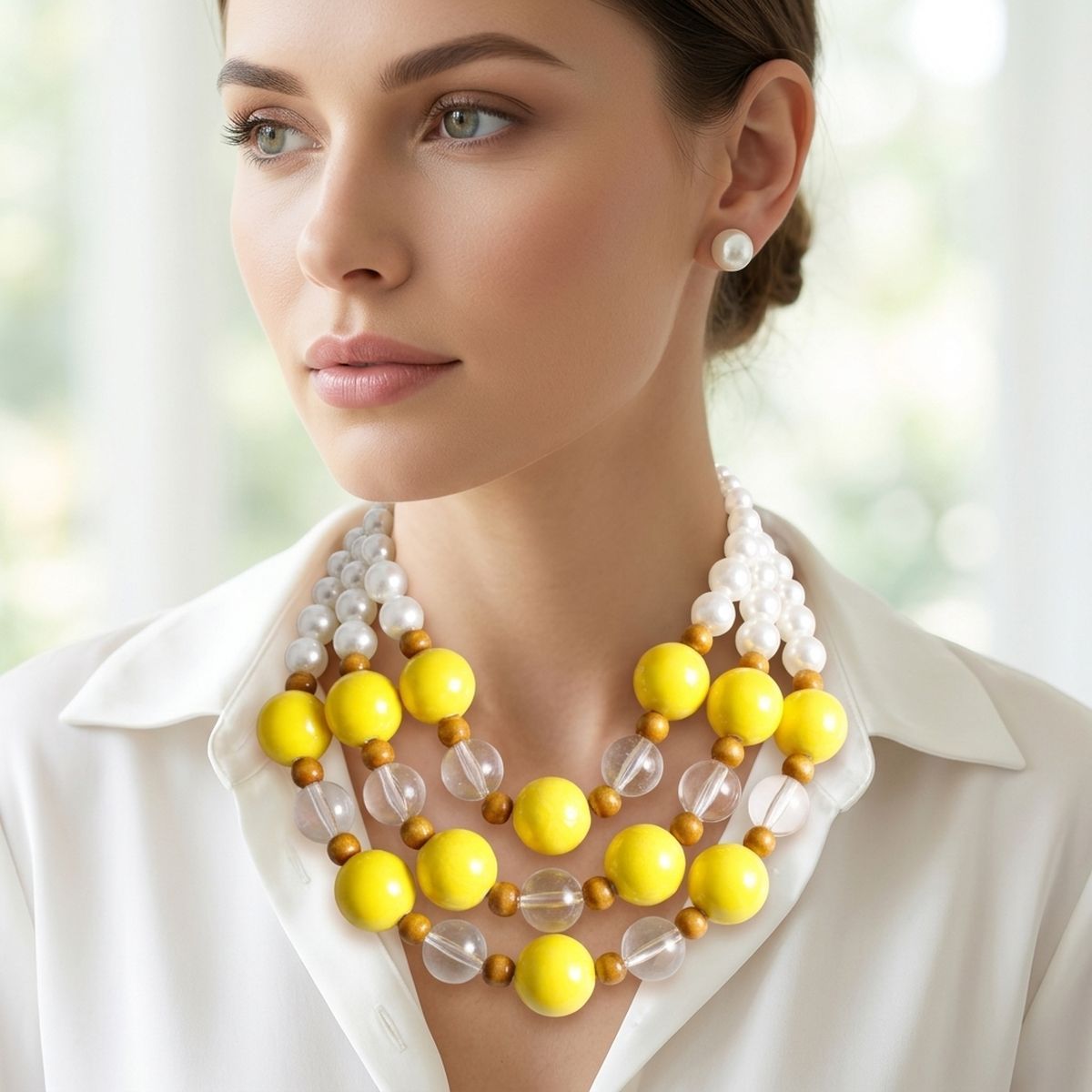 Chunky Yellow Glazed Bead & Pearl Layered Necklace