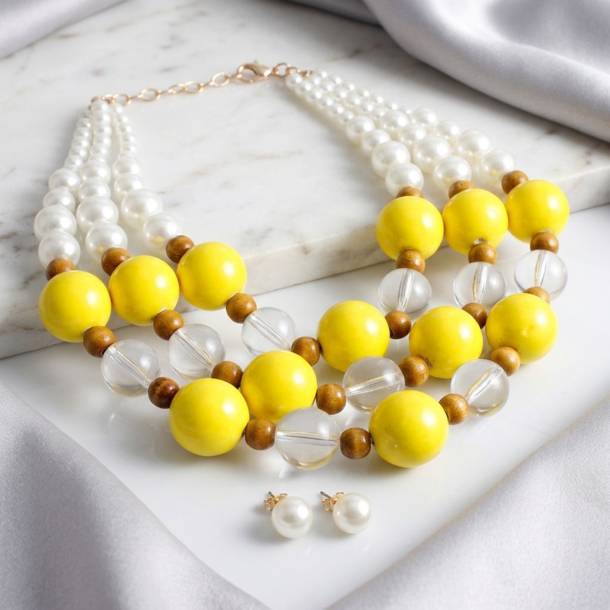 Chunky Yellow Glazed Bead & Pearl Layered Necklace