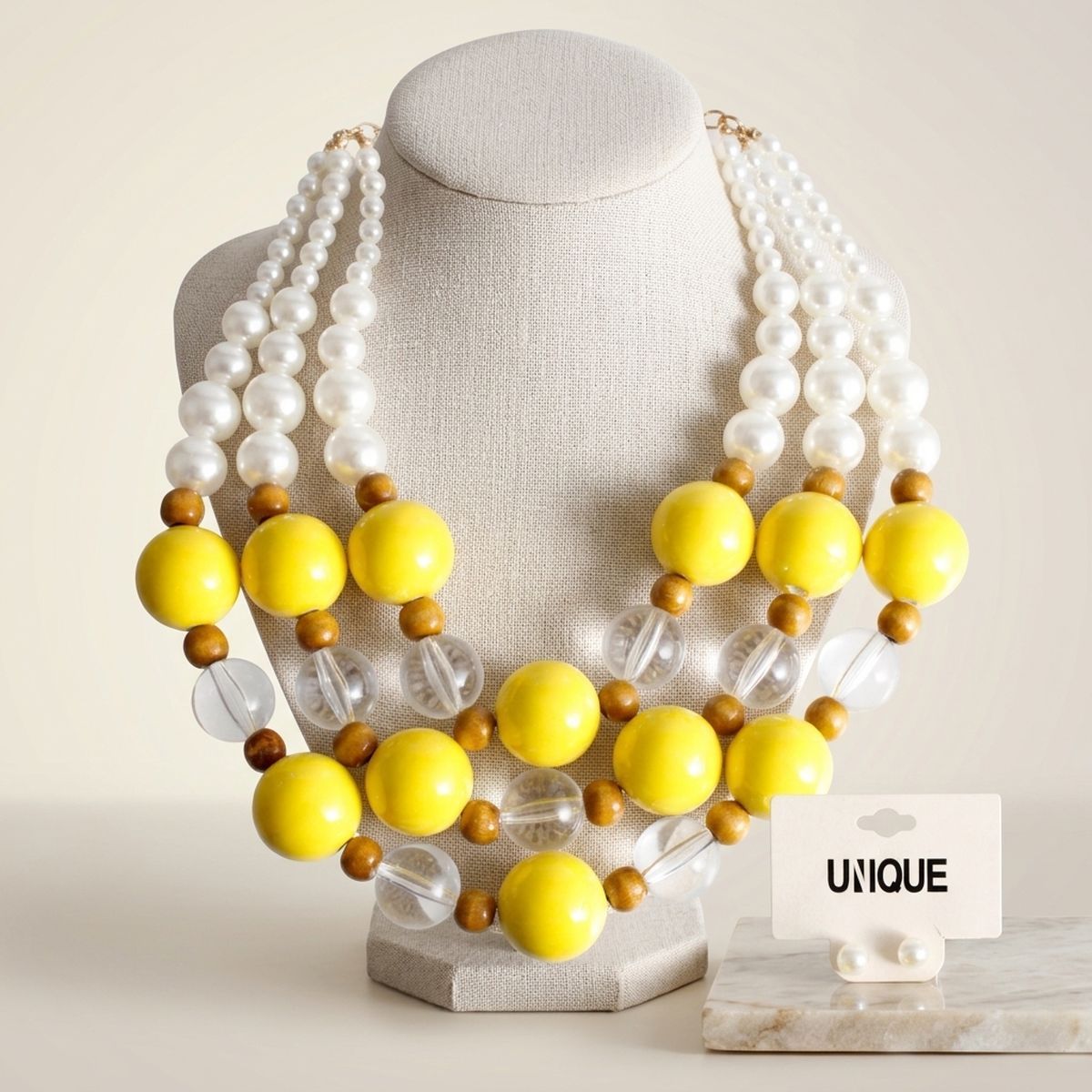 Chunky Yellow Glazed Bead & Pearl Layered Necklace
