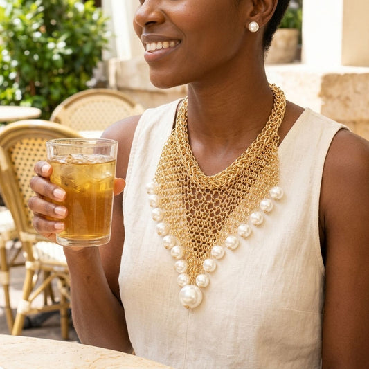 Gold Mesh Pearl Bib Necklace with Chain Fringe