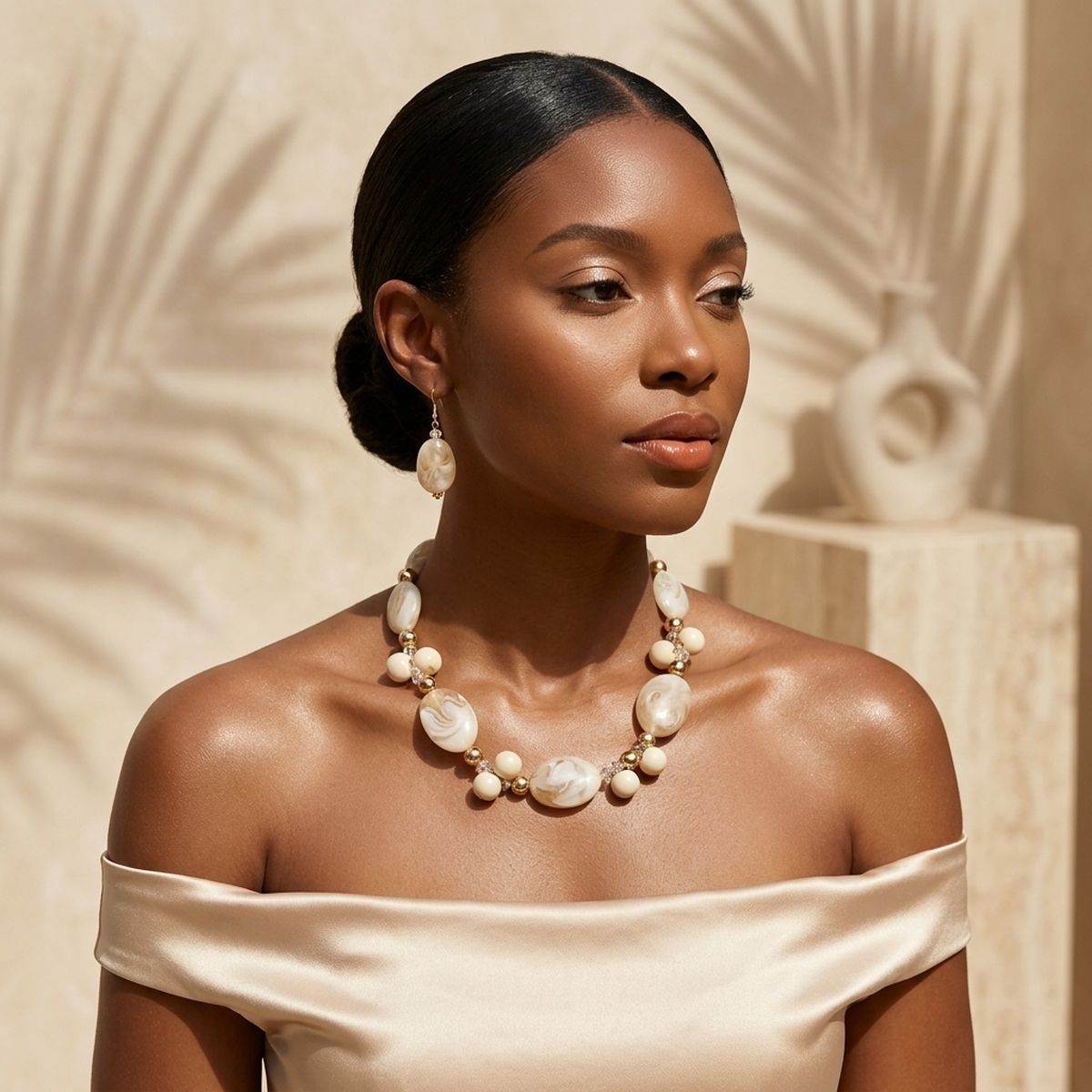 Creamy Ivory Marbled Oval Bead Collar Necklace